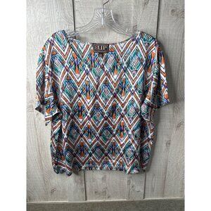 Cowgirl Up Womens Colorful Southwestern Aztec Print Blouse Large Blue Orange